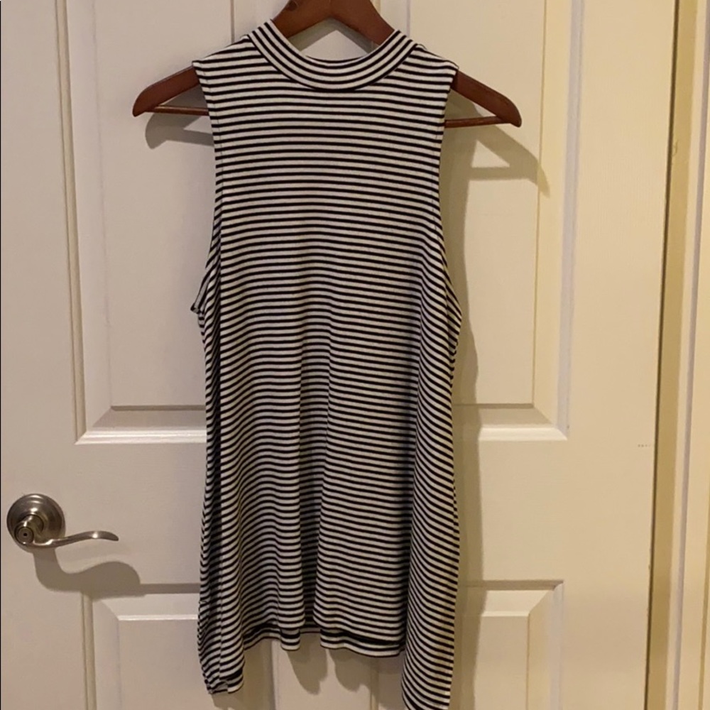 Women’s Mock Neck Black & White Striped Tunic Tank